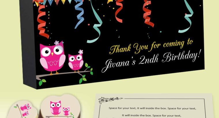 Pretty in pink cute owls printed chocolates birthday return gift